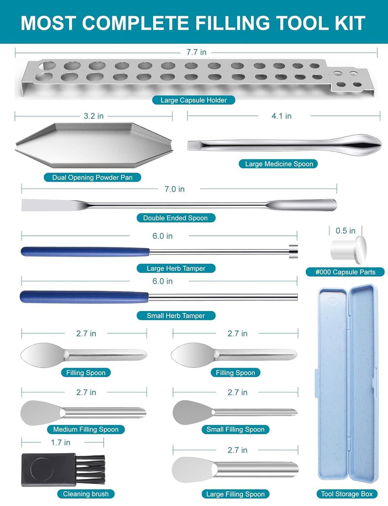 Capsule Filling Machine Kit – Pill Filler Tray Tools for Quickly Maker Empty Gel Capsules All Size 000 00 0 1 2 3 4 5, Lab Spoons Spatula Scoops Tool (13Pcs Plus) 12