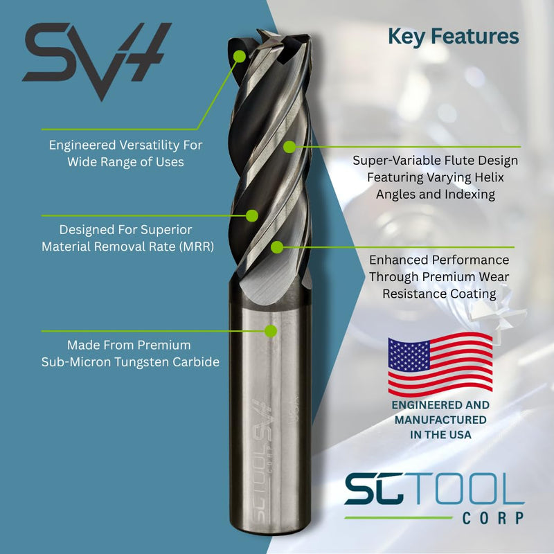 SCT20025 SV4 4-Flute, 1/4" Diameter, 3/4" Cutting Length, Square End, Center Cutting, 2.5" OAL, Coated, 1/4" Shank Dia., High Performance Variable Helix Carbide Endmill for Ferrous Material SCT20025 (ø.2500" x .750" LOC)