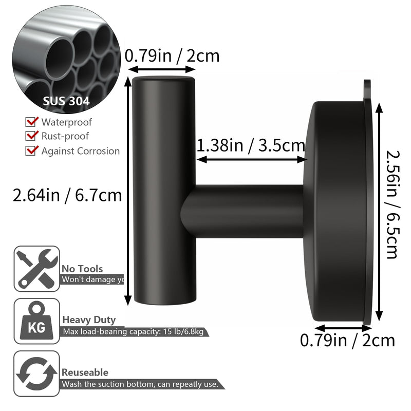 DGYB Large Suction Cup Hooks for Shower Set of 2 Black Towel Hooks for Bathrooms Stainless Steel Suction Shower Hooks for Inside Shower 15 Lb Removable Wall Hooks for Hanging Heavy Duty Matte Black