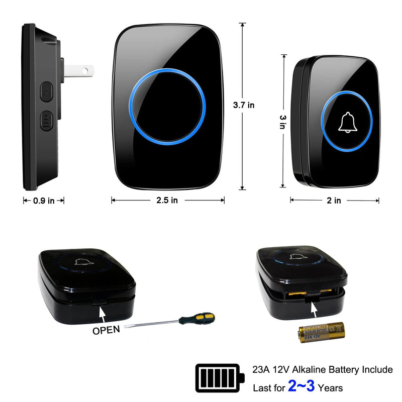 Wireless Doorbell, Waterproof Door Bell Kit, Distinguish Front and Rear Doors, Over 1000 feet Range and 60 Chime, 5 Levels Volume and LED Flash, for Home Office Classroom 2 Push Button + 2 Plug-In Receiver Black