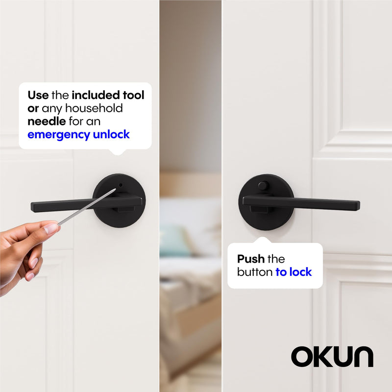 Okun Dune 1-Pack Matte Black Privacy Door Levers – Push Button Lock, Reversible, Sleek Concealed-Mount Design for Bedroom & Bathroom 1 Pack