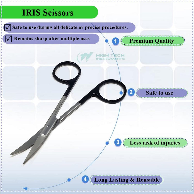 Premium Iris Supercut Micro Dissecting Scissors Curved 4.5" with One Serrated Blade (HTI Brand) Black Handle