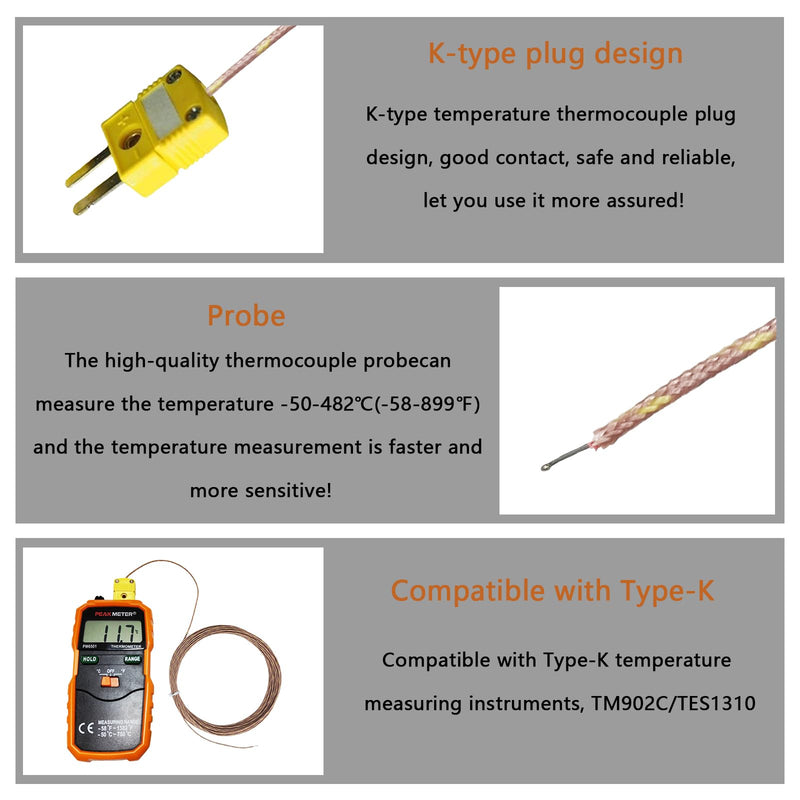 5pcs Pack High Accuracy K Type Mini-Connector Thermocouple Temperature Probe Sensor, 1 Meters Long Measure Range -50°C~482°C (-58°F~899°F) 1 M