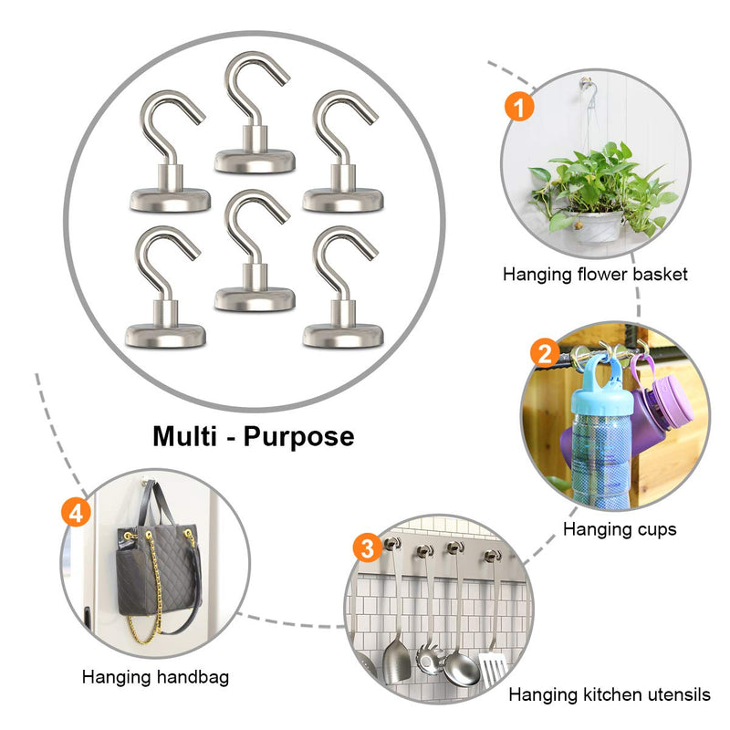 Magnetic Hooks Heavy Duty, 110 lbs Strong Magnet Hooks for Hanging, Magnet with Hook for Cruise, Refrigerator, Pack of 6 6 Pack-110 lb Silver
