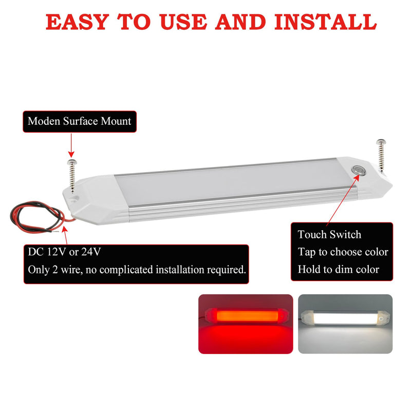 Dual-Color Touch Dimmable LED Boat Dome Light, 12 Inch Surface Mount Courtesy Ceiling Interior Cabin Lamp, 12/24V (White | Red) White | Red