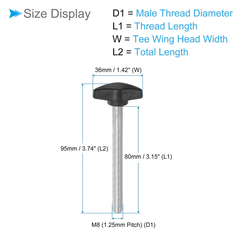 Tee Wing Knobs Thumb Screw, M8 x 80mm Male Thread, Plastic T Thumb Clamping Screw Threaded Stud Hand Knobs Grip, (Applications: for Machinery Lathes), 4-Pieces