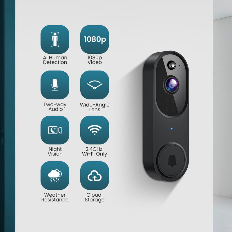Wireless Wi-Fi Video Doorbell Camera with Two Way Audio, AI Motion Detection, Night Vision and Cloud Storage Black
