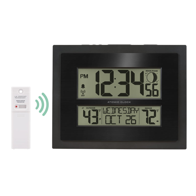 La Crosse Technology 513-75624-INT Digital Atomic Clock with Outdoor Temperature and Moon Phase,Black Weather Station