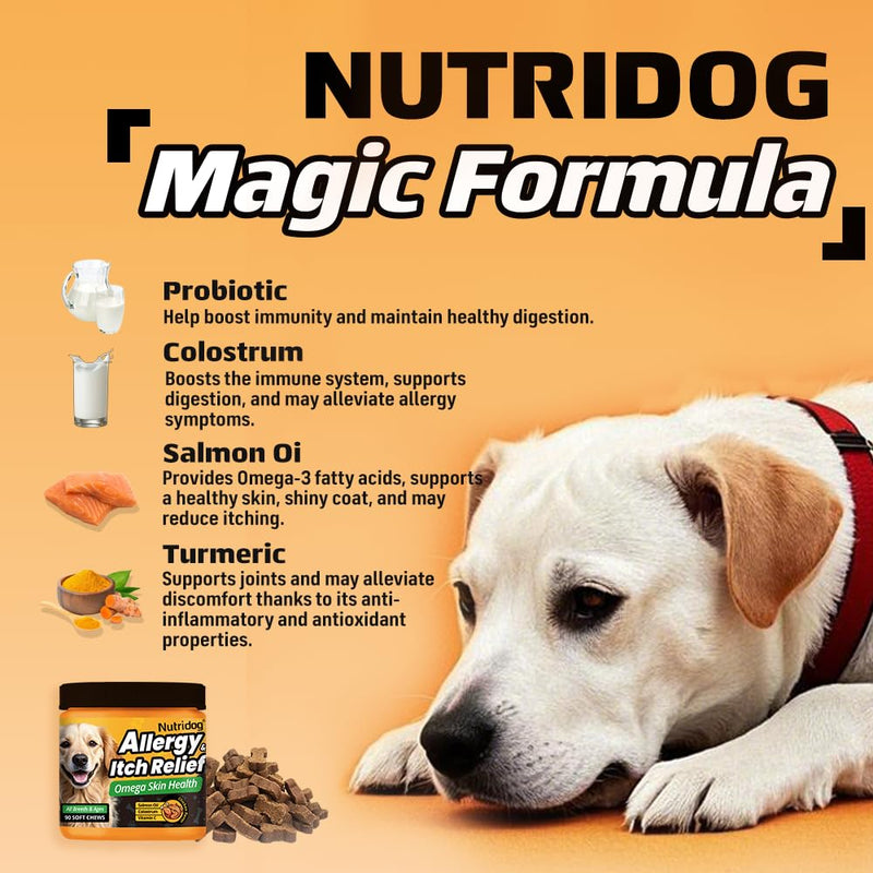 Allergy Chews for Dogs - Dog Itching Skin Relief & Seasonal Allergy Support with Chamomile - Salmon Oil, Quercetin - Probiotic Anti-Itch Supplement for Dogs - Chicken Flavor - 90 Count