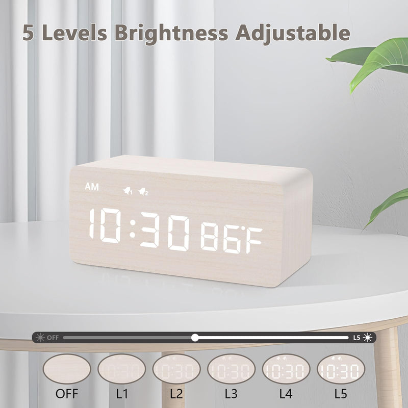 MOSITO Digital Wooden Alarm Clock with Wireless Charging, 0-100% Dimmer, Dual Alarm, Weekday/Weekend Mode, Snooze, Wood LED Clocks for Bedroom, Bedside, Desk, Kids (White) White