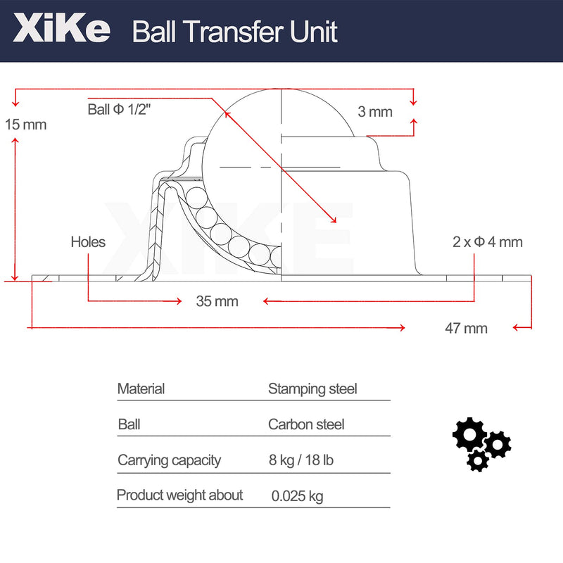 XiKe 4 PCS 1/2" Roller Ball Transfer Bearings, 360º Rotation Universal Ball Casters, 18Lbs Carbon Steel Round Ball Transfer Unit for Conveyor, Roller Stand, Transmission System, Furniture 18 pounds load ＆ 1/2" ball diameter