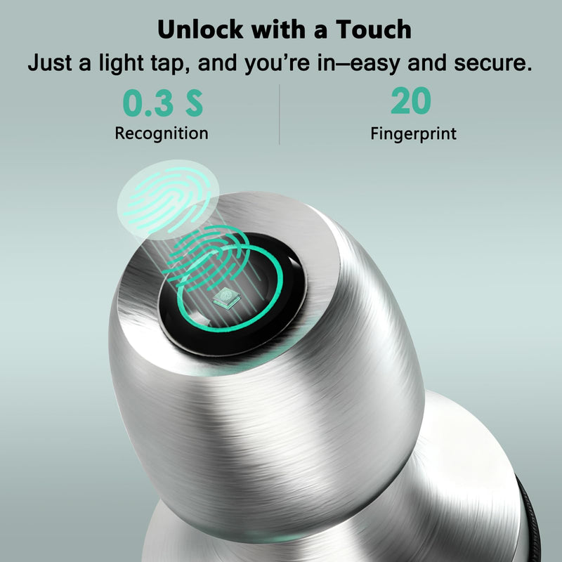 Fingerprint Smart Door Knob, Biometric Keyless Entry Door Lock with App Control & Backup Keys, Thumbprint Round Door Lock, Suitable for Home, Bedroom, Office, and Apartment Sliver