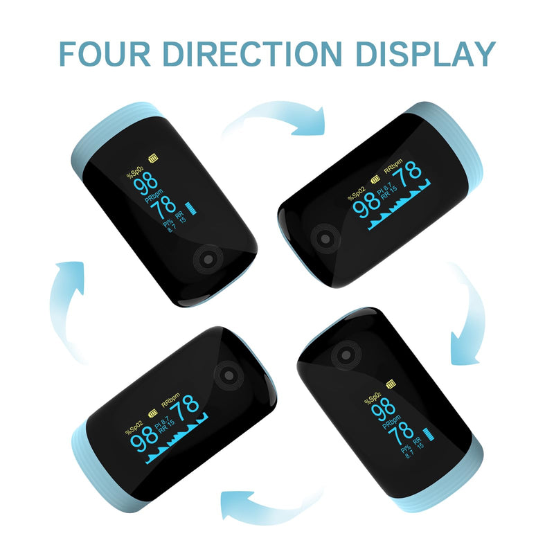 Fingertip Pulse Oximeter, Ox with Respiration Rate Monitoring, Heart Rate, PI & RR Measurements, Fast Spo2 Reading Rechargeable Blood Oxygen Monitor with OLED Display, 6 View Modes & 4-Direction Rotation(Blue）