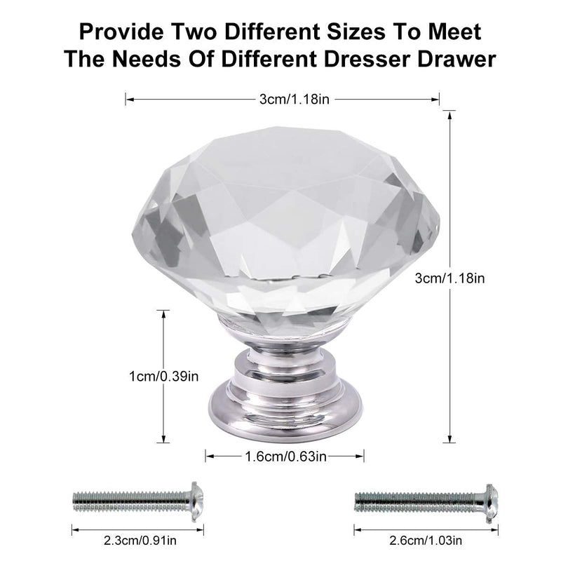 10 Pcs Crystal Glass Cabinet Knobs 30mm Diamond Shape Drawer Kitchen Cabinets Dresser Cupboard Wardrobe Pulls Handles (Clear) Clear-Silver