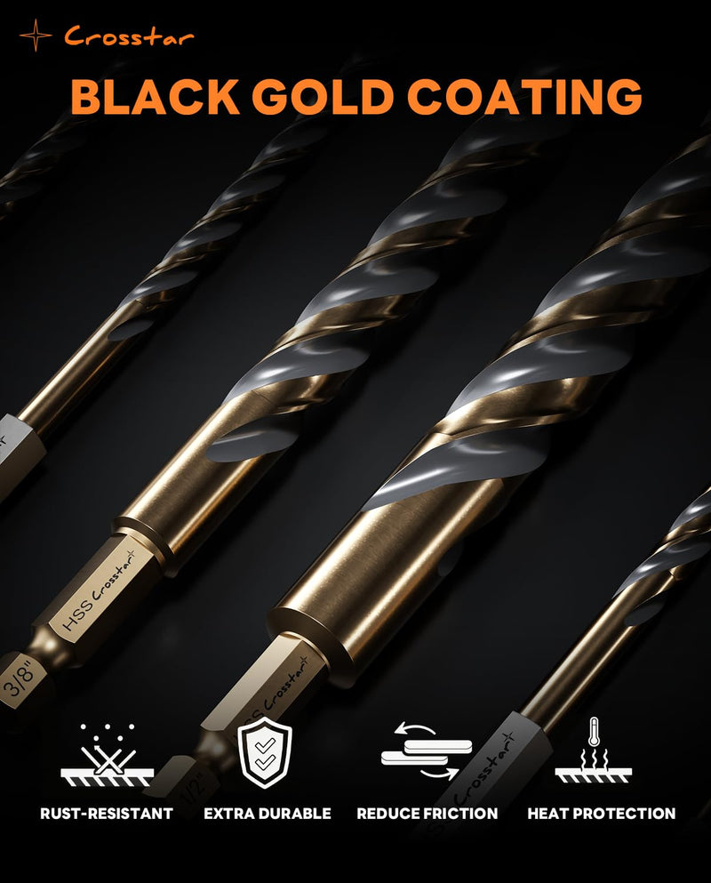 Crosstar 12Pcs HSS Brad Point Drill Bit Set with Three Flutes Design for Carpenter Woodworking，Centered Design Prevents Drill Bit Chatter, Suitable for Hardwood, Plywood, Plastic