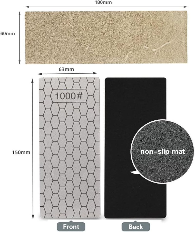 Diamond Sharpening Stone, Honeycomb Surface Plate with Non-slip Base for Pocket Knives Scissors (240/400/600/800/1000/1200/1500/2000/3000 Grit, with Angle Guide and Leather) SET-E