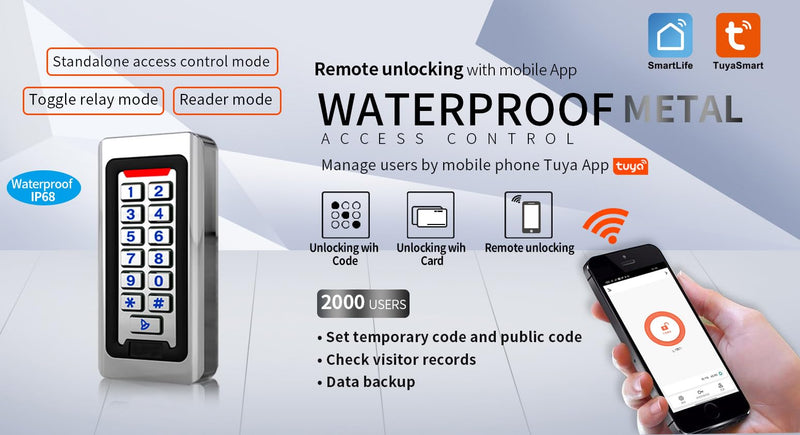 Door Access Control Keypad, Stainless Steel Outdoor IP68 Waterproof, 2000 Users, Wiegand 26-bit Input / Output, Tuya App Remote Control, RFID Card & PIN Code Entry, Doorbell Button Narrow Numeric Keypad
