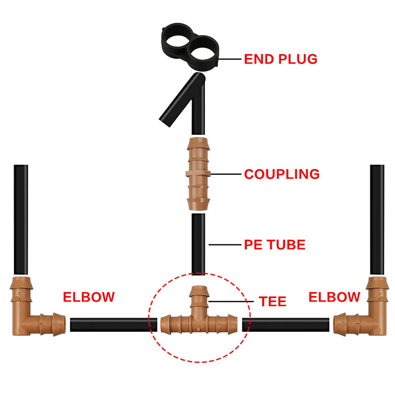 20-Pack Drip Irrigation Barbed Tee Fittings, Fits of 1/2”, 17mm .600” ID Drip Tubing 20P-TEES