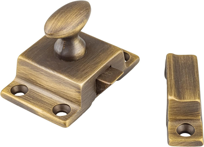 Small Heavy Duty Antique Brass Cabinet Door Latch - 1-3/4" × 1-3/4" - Spring Loaded Cupboard Door Latch with Oval Turn - Vintage Cabinet Hardware | UA-101-LAB (2) 2