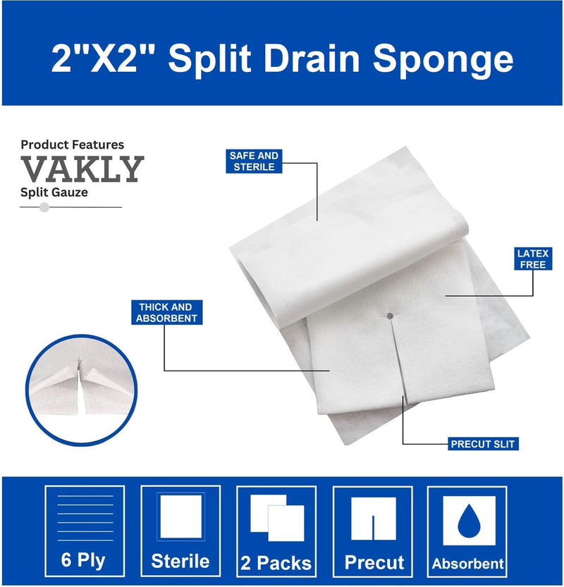 Split Drain Sponge Gauze 2x2 Sterile 6 Ply Pads [Pack of 70] Absorbent Precut 2"X2" Non-Woven Slit Bandage for I.V. Tracheostomy - 35 Packs of 2 Pre Cut Bandages + 1 Roll of Medical Tape