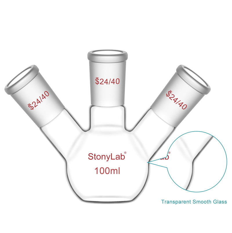 stonylab 3 Neck Flat Bottom Flask, High Borosilicate Glass, 24/40 Standard Taper Joint, Chemistry Laboratory Reaction Flask, 100 ml Capacity
