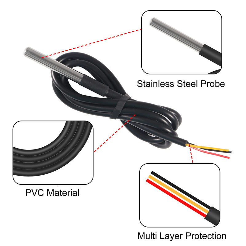 AITRIP 10Pack DS18B20 Temperature Sensors Kit 1m/39.3" Cable Waterproof with Stainless Steel Probe for Arduino Raspberry Pi