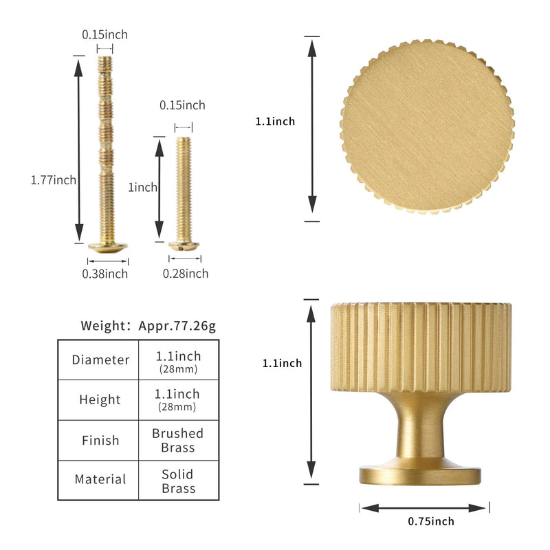 Brushed Gold Kitchen Cabinet Knob - Solid Brass Dresser Drawer Knob 6 Pack, Brass Handles for Bathroom Bedroom Closet Wardrobe,Furniture Hardware pulls Brushed Brass