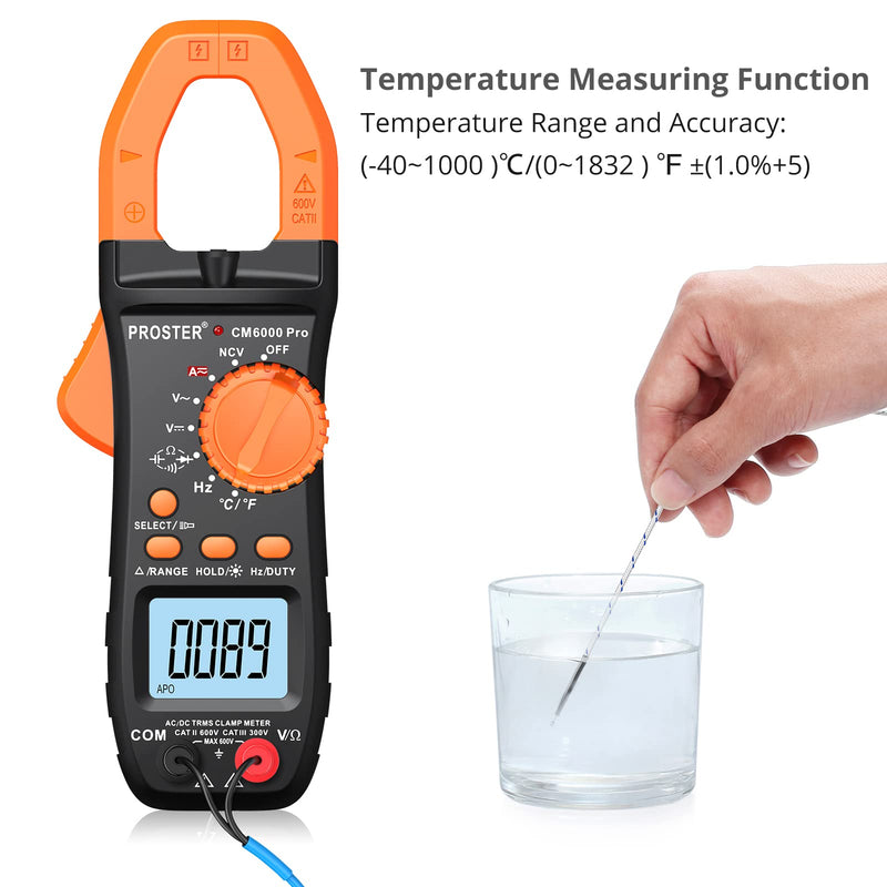 Proster Digital Clamp Meter 6000 Count - 800A DC AC Current AC/DC Voltage Multimter, TRMS NCV Continuity Capacitance Resistance Frequency Diode Hz Tester, with Test Leads, Alligator Clips Black 6000Counts