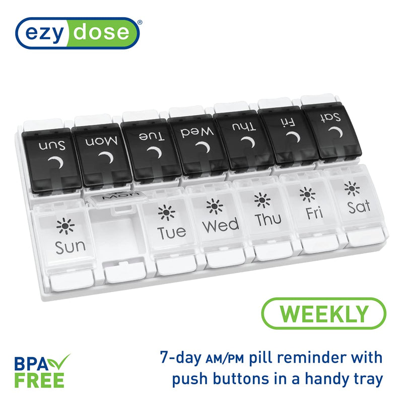 EZY DOSE Push Button (7-Day) Pill Case, Medicine Planner, Vitamin Organizer, 2 Times a Day AM/PM, Removable Trays, Large Compartments, Arthritis Friendly, Spring Open Black and White Lids, BPA Free Black/White (2x a Day) 1 Count (Pack of 1)