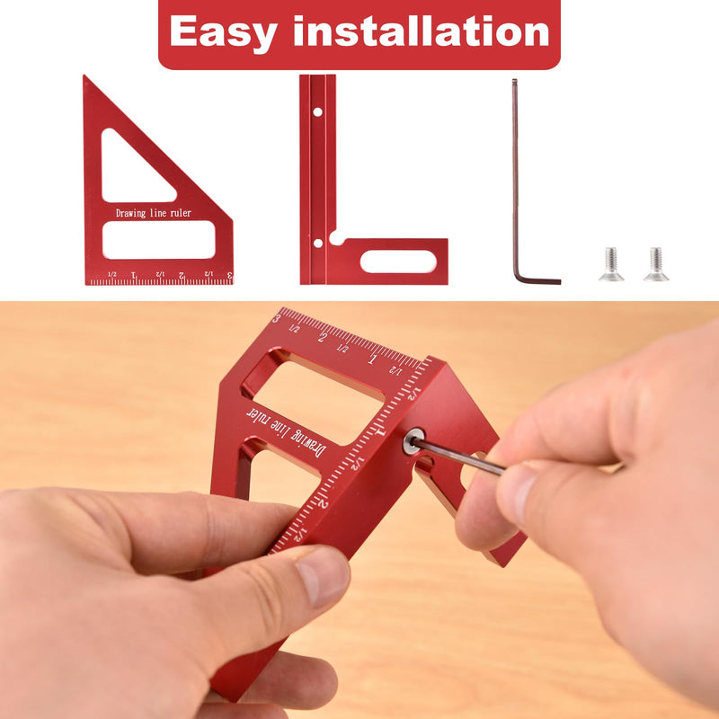 Aleric Imperial 3D Multi Angle Measuring Ruler, High Precision 45/90 Degree Woodworking Square Protractor Aluminum Alloy Miter Triangle Ruler Measuring Tools for Engineer Carpenters, Wood Working Tool red