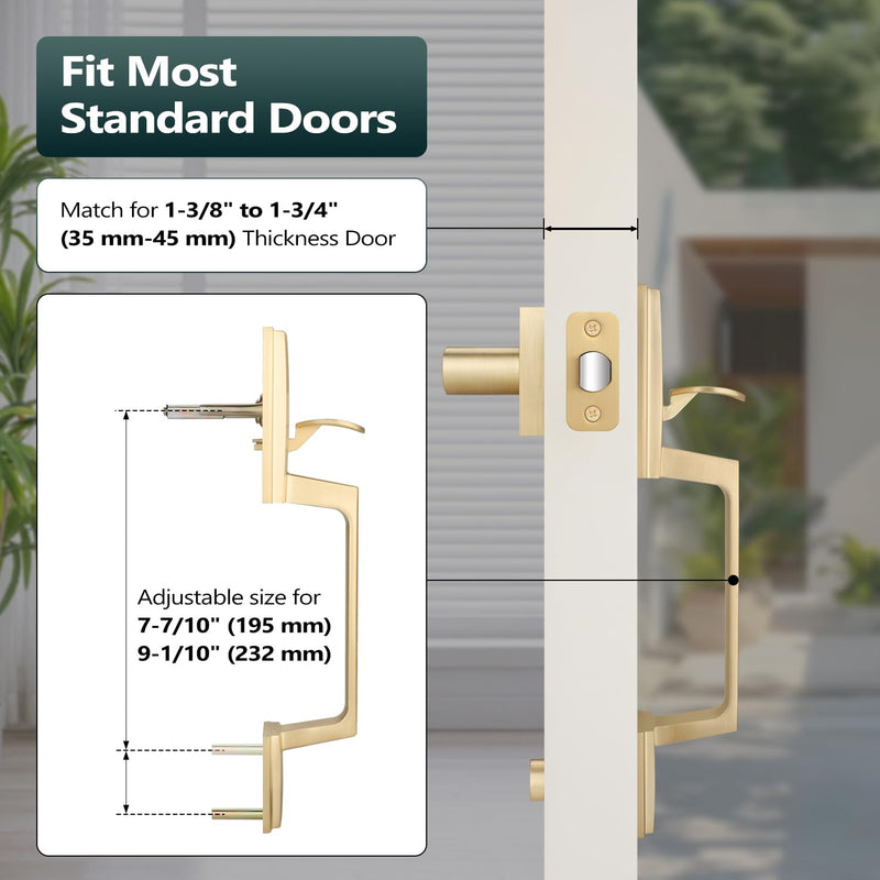 EHOMEWARE Gold Front Door Handle, Exterior Door Handle No Lock, Heavy Duty Entry Door Handleset, Reversible Door Lever for Left/Right Handed Doors, Satin Brass Finish