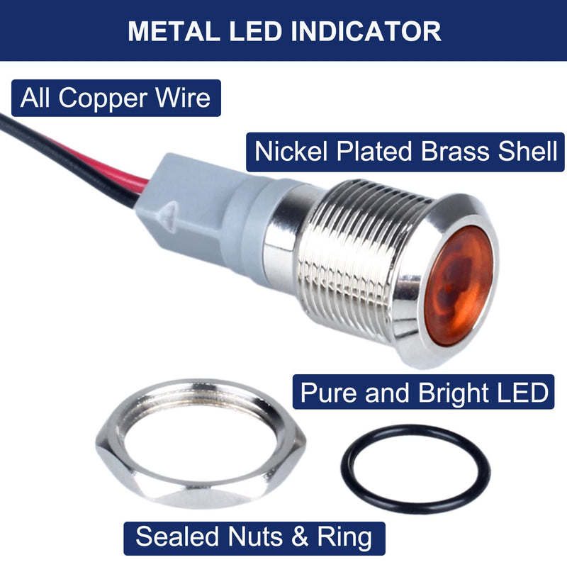 5 Pcs 12mm 110V-220VAC Metal LED Indicator Light Mounting Hole 1/2" 20mA Energy Saving Signal lamp Waterproof IP67 with Wire for machine tools household appliances etc.(12mm Yellow) - NewNest Australia