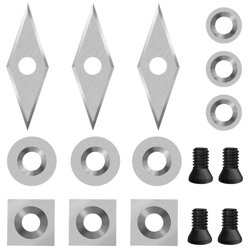 12PCS Carbide Lathe Tools Carbide Inserts for Wood Lathe Turning Tool,Include 11mm Square with Radius,12mm and 8.9mm Round,30x10mm Diamond with Sharp Point with Screws Silver 12pcs