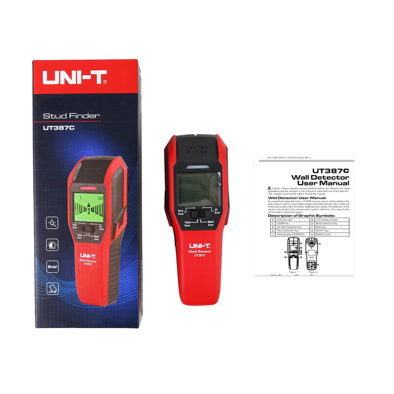 UNI-T UT387C Stud Finder Sensor Wall Scanner, 4 in 1 Electric Wood Detector Center Positioning Finding with LCD Display Buzzer LED Warning 4 Scan Modes for Wood Stud Metal Live AC Wire Deep Detection