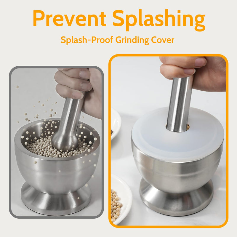 Mortar and Pestle, Sopito 18/8 Stainless Steel Spice Grinder Pill Crusher with Lid for Crushing Grinding Ergonomic Design with Anti Slip Base and Comfy Grip