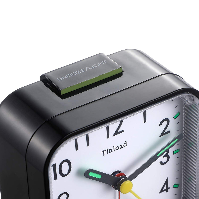 Small Battery Operated Analog Travel Alarm Clock Silent Non Ticking, Gentle Wake, Ascending Beep Sounds, Snooze,Lighted on Demand, Easy Set(Black) Black