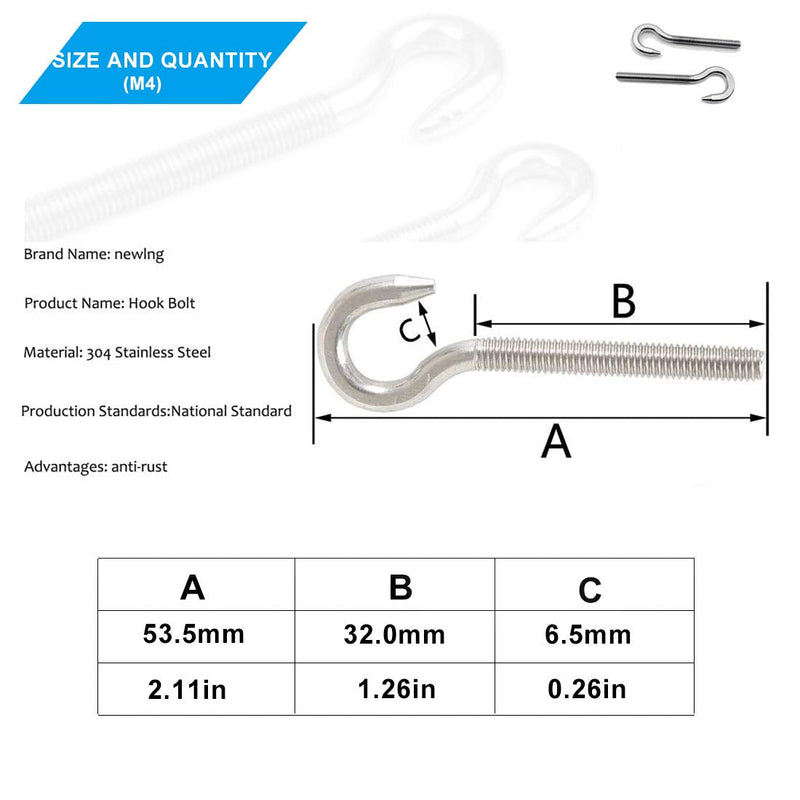 M4 Hook Bolt 304 Stainless Steel Screw in Hooks Ring Eye Screw Bolts Round Screw Hook Bolt Metric Thread 10PCS M4 Hook Bolt