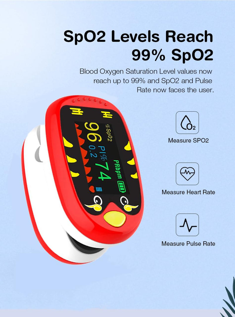 Pediatric Oximeter – Fingertip Pulse Oximeter for Kids, SpO2 Oxygen Monitor for Children, Cute Compact and Accurate, USB-C Rechargeable Mini Portable Design with TFT Display for Home and Travel-Red
