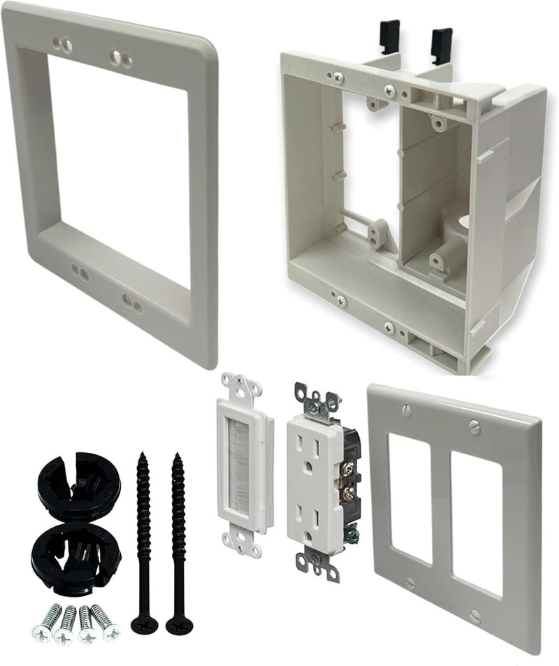 iMBAPrice IMBA-TVBU505K Recessed TV Outlet Box, 2-Gang Power & Low Voltage Cable Management with Receptacle & Brush Plate for Flush Wall-Mounted TVs, White
