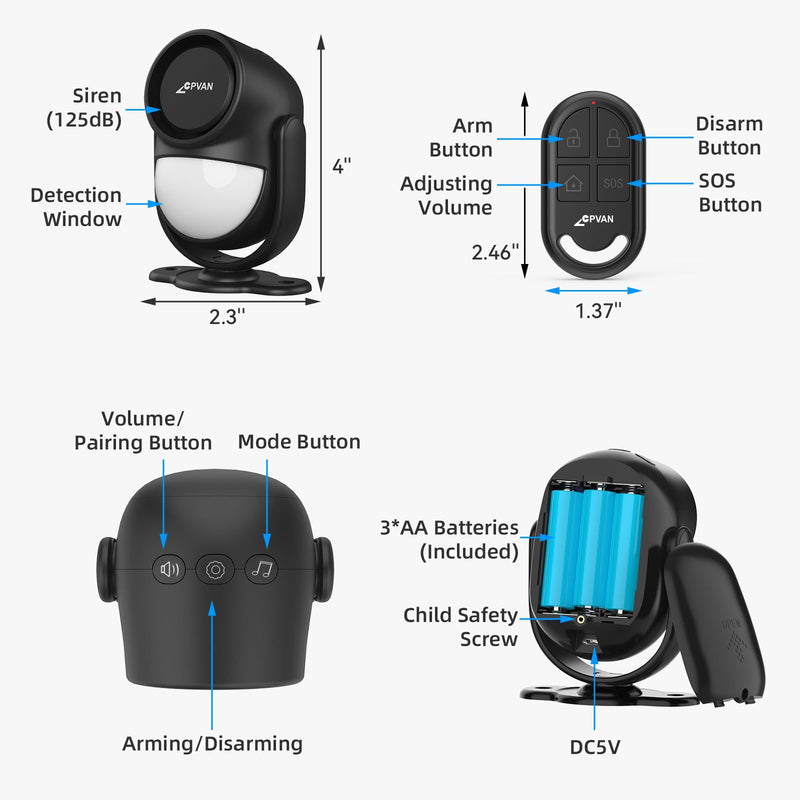 CPVAN 125dB Loud Motion Sensor Alarm with 328ft Remote Control (40ft PIR Detector, Batteries), Indoor Wireless Infrared Security Motion Detector with Siren for Home Garage Van (CP2 Pro, Black)