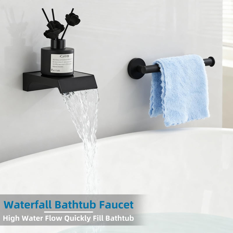 AITANI Wall Mount Waterfall Tub Spout, Bathtub Shower Faucet for Bathroom, High Flow Bathtub Cascade Waterfall Spout Fixtures Bathroom Bathtub Faucets, Matte Black Black 1