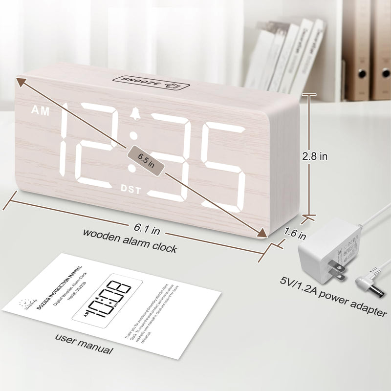 DreamSky Wooden Digital Alarm Clock for Bedroom - Desk Clock for Living Room with Large Numbers, Dimmer, Loud Alarm for Heavy Sleepers with Volume Control, DST, Office Wood Decor (Plug in Clock) White (Plug-in)