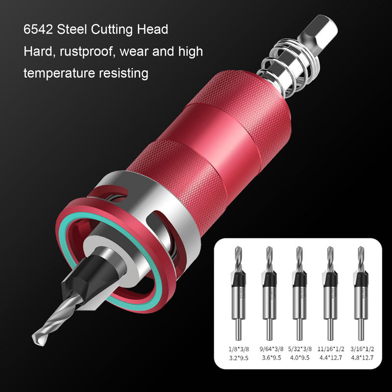 LICAEVEY Countersink Drill Bit Set, Semi Automatic Adjustable Depth Stop Drill Bit with 5 HSS M2 Bits & Hex Shank for Woodworking