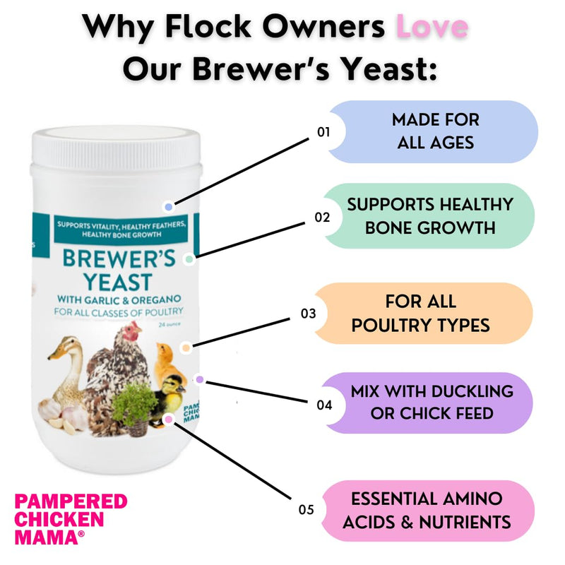 Brewer's Yeast for Ducks & Chickens with Garlic & Dried Oregano (24 Ounce) | Niacin for Ducks, Chicks, and Adult Chickens | Chicken Probiotic & Amino Acids| Pampered Chicken Mama (24 Ounce) 24 ounce