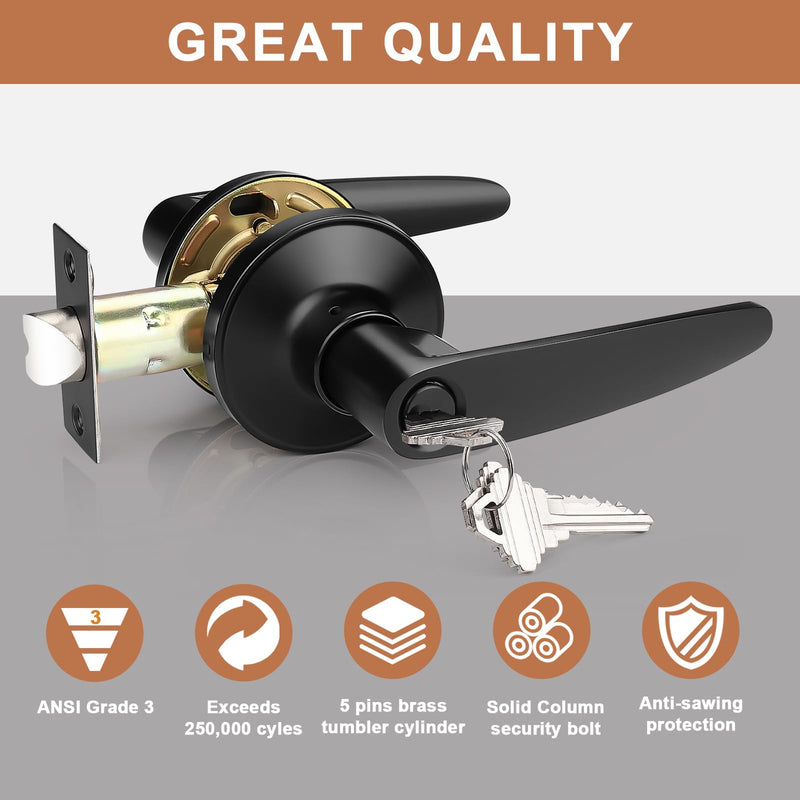 Probrico 4 Pack Entrance Door Levers Door Lock in Black, Combo Entry Door Handles with Locks and Keys Keyed Alike Each with 3 Same Keys Keyed Entrance-Keyed Alike