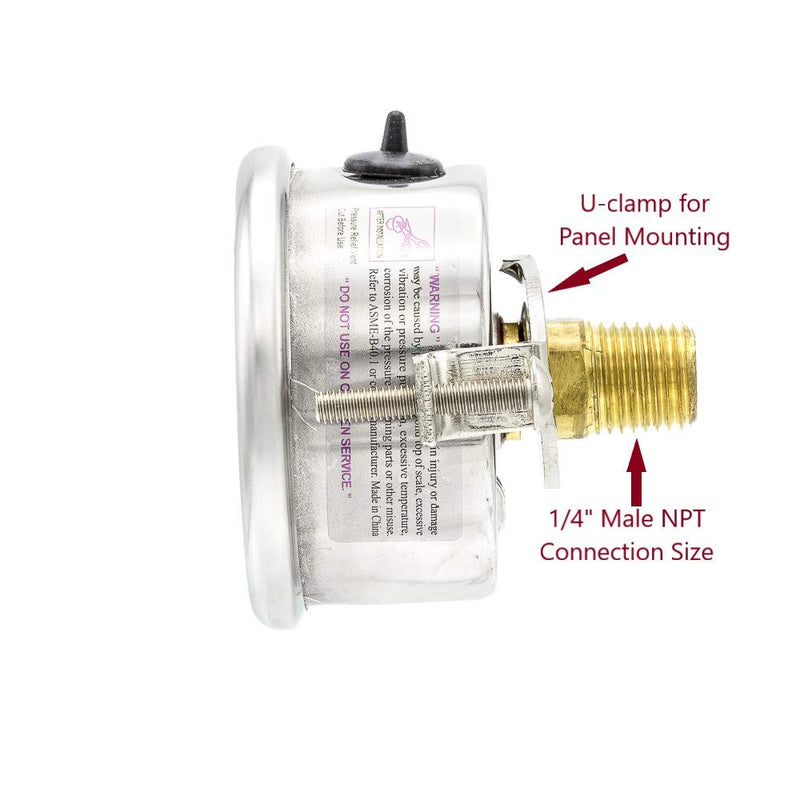 PIC Gauges 203L-204H U-Clamp Panel Mount Glycerine Filled Pressure Gauge w/ SS Case/Bezel, Brass Internals, PC Lens, 2" Dial, 0/300 psi Range, 1/4" Male NPT 0 - 300 PSI
