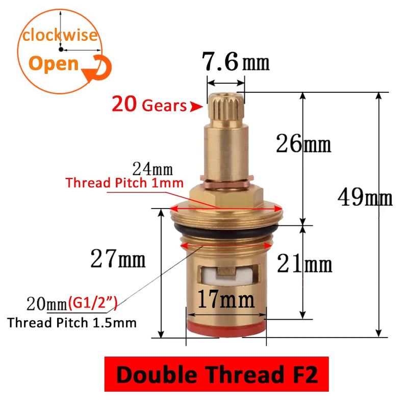 Faucet Ceramic Cartridge Valve, G1/2" Brass Tap Ceramic Disc Cartridges Replacement for Hot Cold Water (Type F2- H49mm) Type F2- H49mm