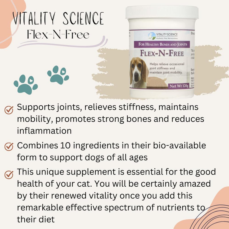 Vitality Science Flex N Free for Dogs | Promotes Healthy Bones & Joints | Relieves Stiffness | Maintains Joint Mobility | Reduces Inflammation | Builds Bone Tissue | 100% Safe & Natural (120g) 120g