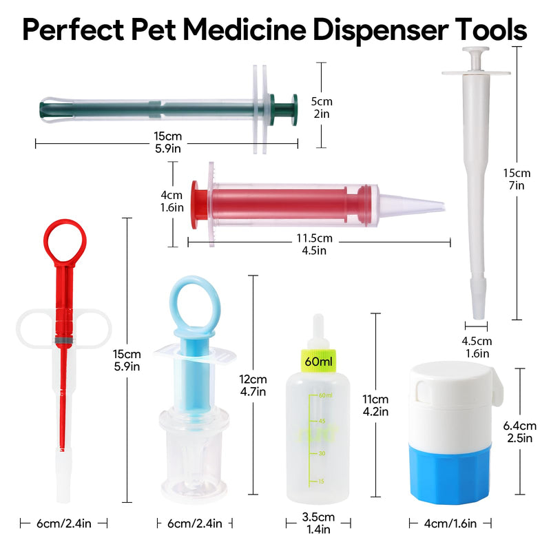 7 Pack Cat Pill Shooter, Pill Cutter and Crusher for Pets, Tablet & Liquid Soft Tip Pill Pusher for Cats, Pet Popper for Cats Dogs, Pet Medicine Feeder, Kitten Puppy Bottle Feeding Kit (Set C)