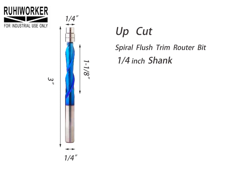 Ruhi Upcut Spiral Flush Trim CNC Router Bits 1/4" Shank 1/4" X 1-1/8" X 1/4" X 3 with Nano Coated for Wood Trimming UF2130 Up Cut